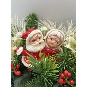 Vintage MCM Santa & Ms Claus Floral Holly Berries Christmas Centerpiece St Nick